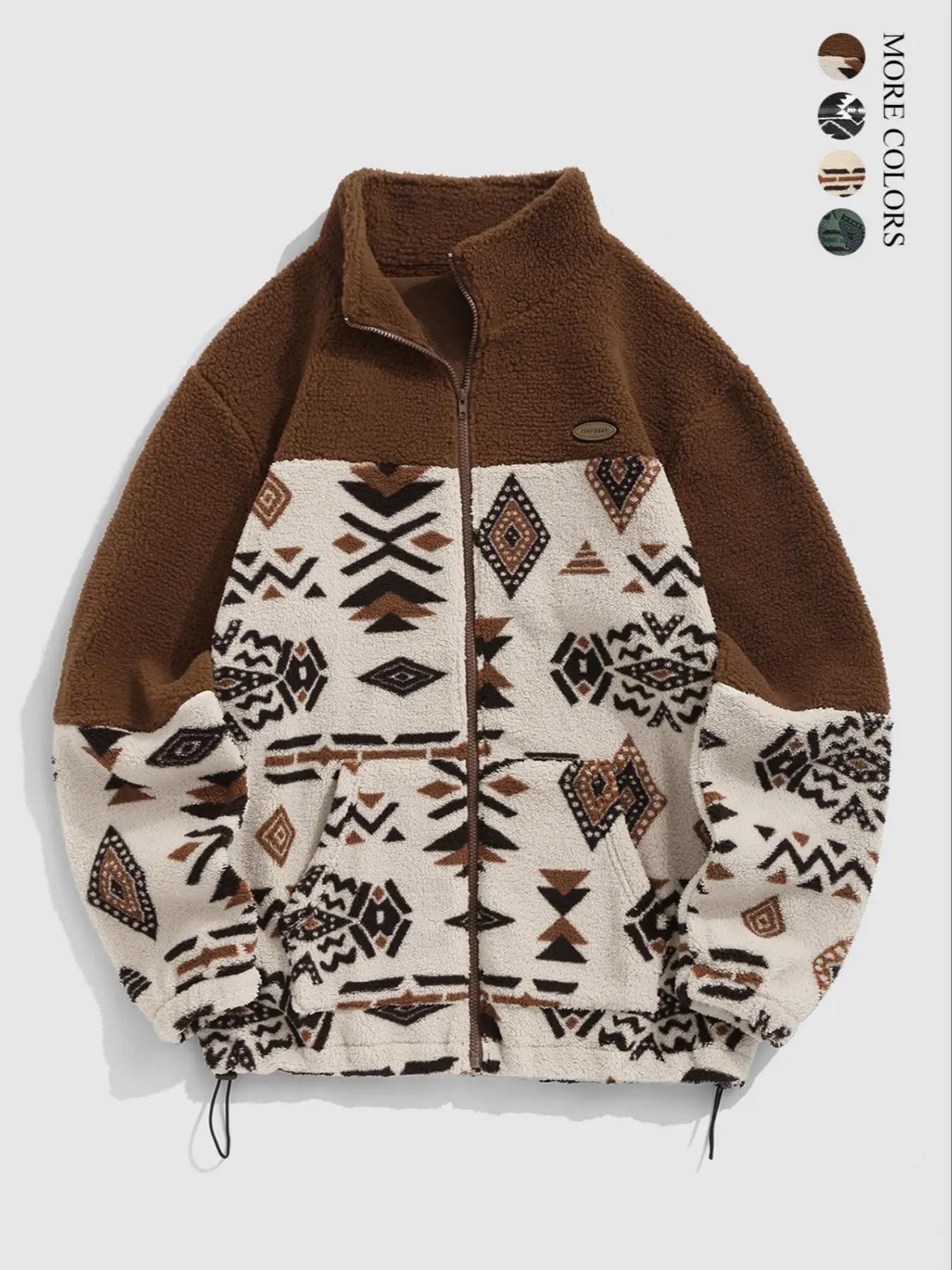 Men's Ethnic Pattern Cultural Zipper Plush Sweatshirt, Casual Long Sleeve Drawstring Sweatshirt for Fall & Winter, Men's Clothes for Daily Wear, Tops, Menswear, Casual Outerwears, Casual Style Outerwear
