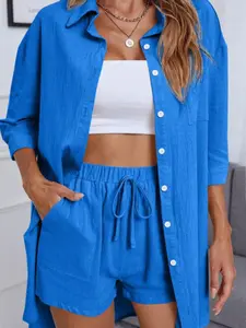 A set of women's casual solid color shirts, suitable for all seasons, suitable for home, indoor, and outdoor wear