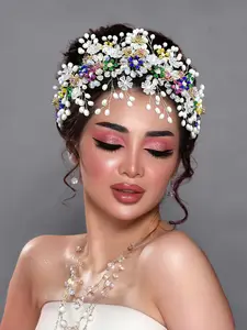 Handmade Multicolor Crystal Pearl Hair Clip, Wedding Party Luxury Headpiece, Fashion Elegant Daily Wear Hair Accessory, Jasmine Princess Crown, Tiara