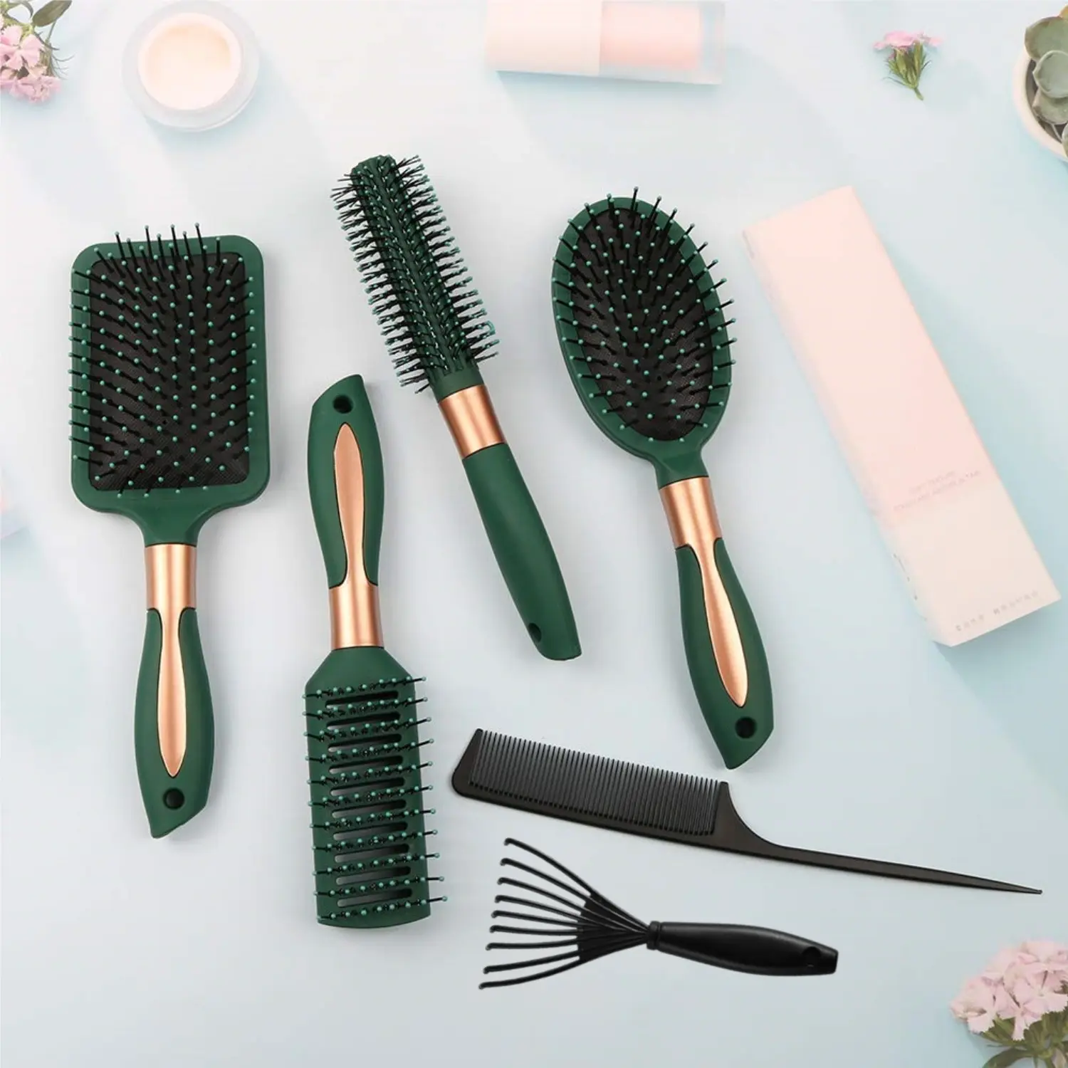 6Pcs Mens Paddle Hair Brush Comb Set for Women and Men ,Wet Hair Brushes for long Hair No Tangle Hair Brush for Curly or Straight Hair (Dark Green) - Home Improvement.