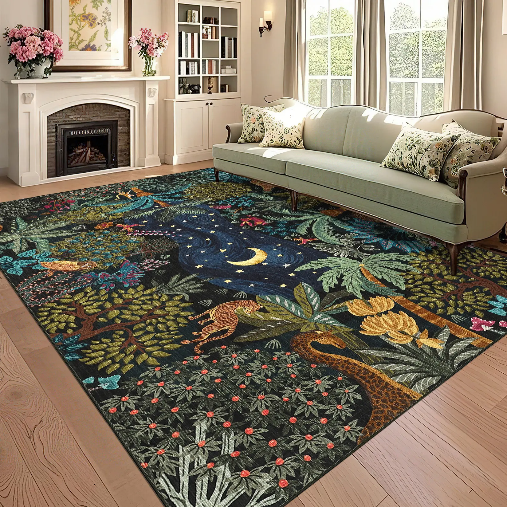 Washable Area Rugs for Living Room, Animal Print Jungle Rug with Non Slip Back Low Pile Stain Resistant Large Carpet for Dining Room Nursery Kids Bedroom Accent Home Decor Floor Rugs