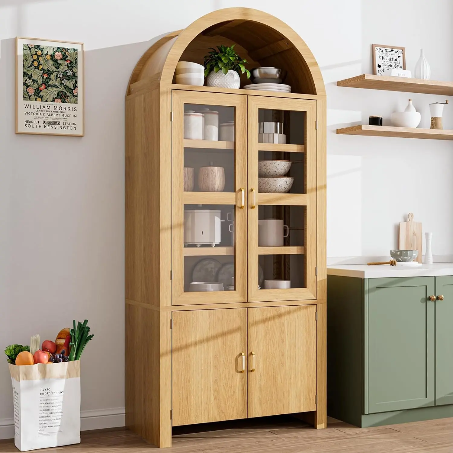 71" Tall Arched Freestanding Wood Cupboard - Modern Farmhouse Indoor Furniture, Wooden Construction, Multi-Functional Storage Cabinet for Kitchen, Dining Room, Includes Modern, Arch-Shaped, Full-Size, Functional Tall Cupboards, Modern Tall Cupboards