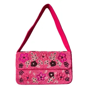 Pink Floral Beaded Shoulder Bag – Handmade Seed Bead Flower Purse