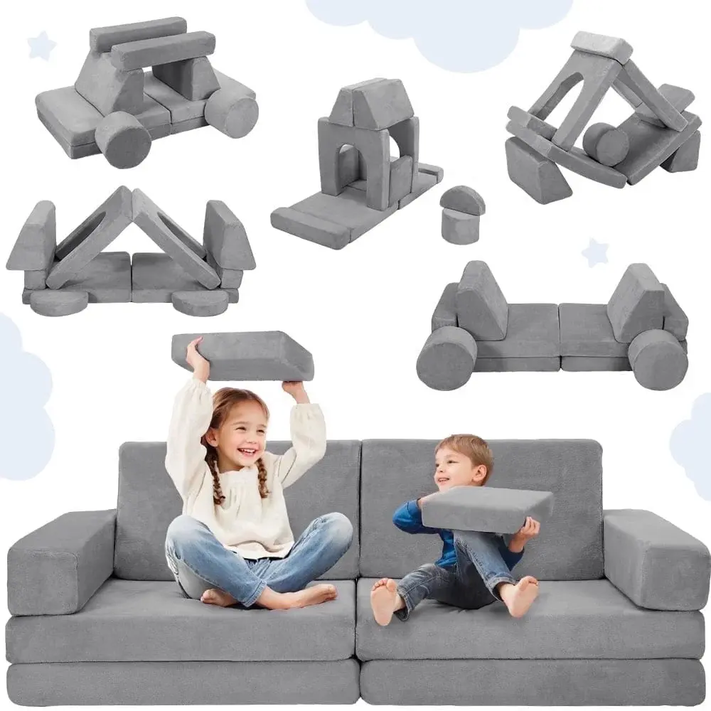 Caveen 14Pcs Comfy Couch - High-Density Foam Furniture, Giant Plush Ground Level Sofa, Convertible Indoor Floor Cushion, Gray