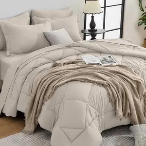 Beige Tan Queen Comforter - 7-a Bag Queen, Ultra with Comforter, Flat Sheet, Sheet, Pillowcases, Pillow Shams, Beige Tan