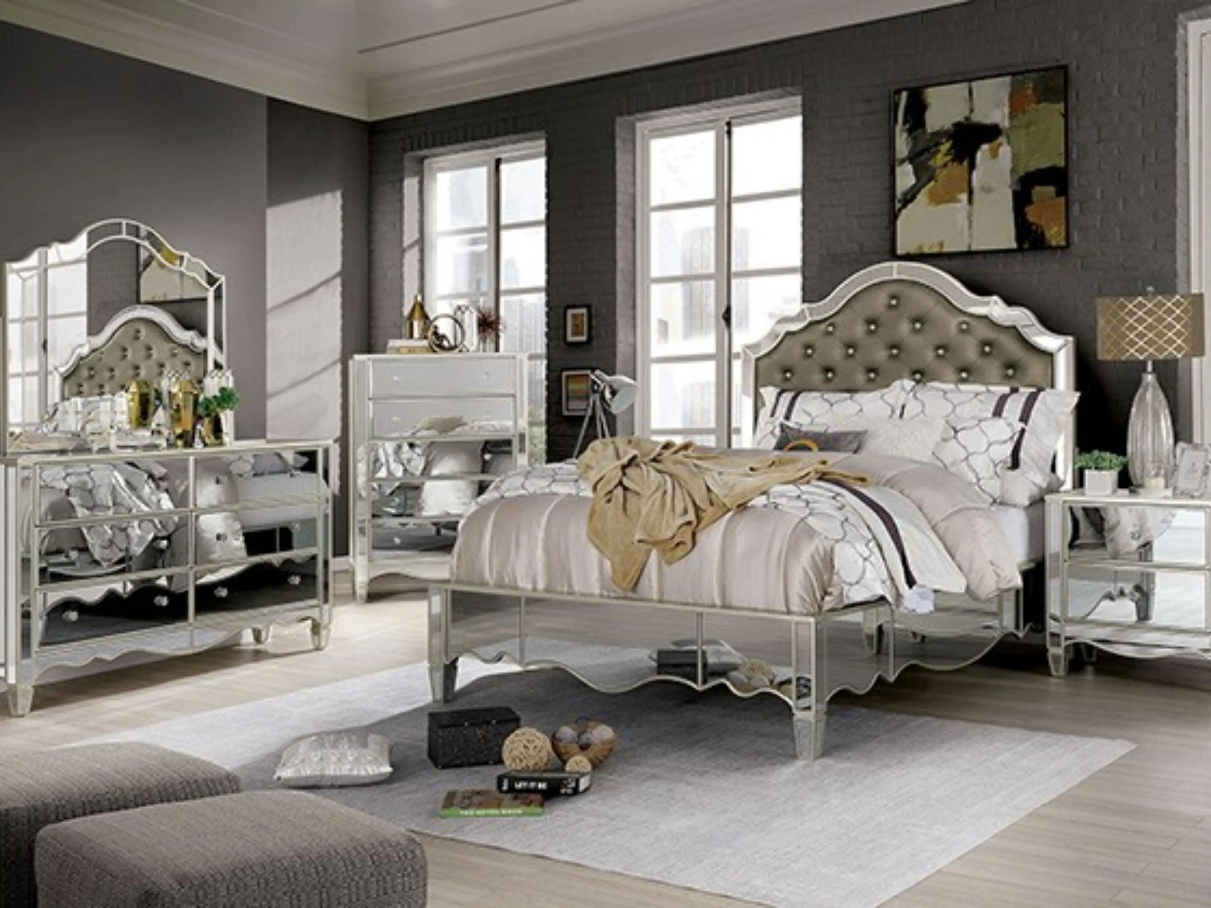 FOA7890-3PC 3 pc set Eliora silver fnish mirrored panels leatherette tufted headboard queen bedroom set