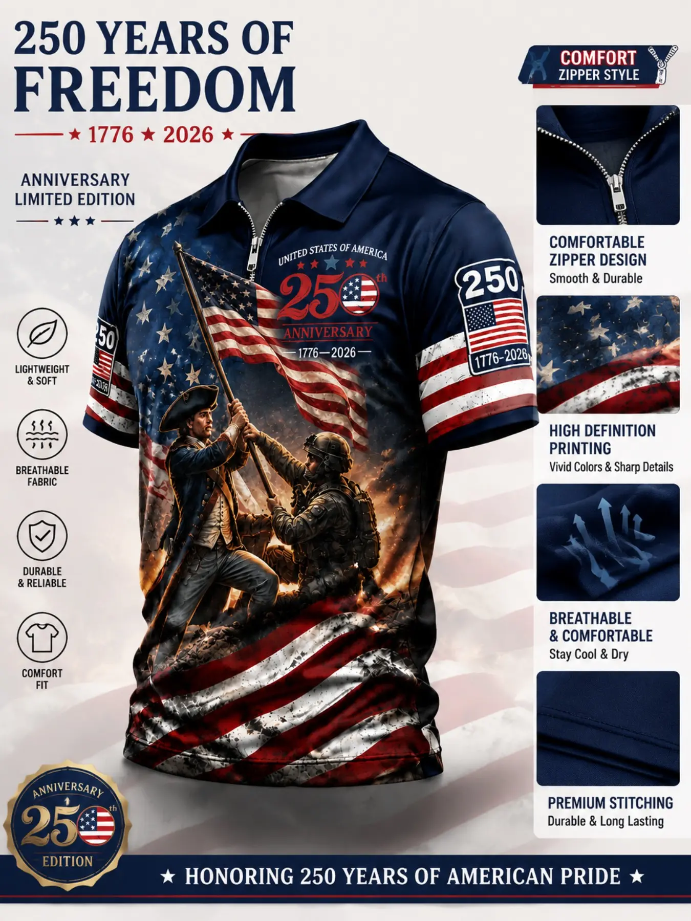 Men's Patriotic American Flag Zip-Up Polo Shirt, Zipper Polo Shirts, Stars and Stripes Warrior Design Commemorating the 250th Anniversary of the United States 1776-2026, Ideal July 4th Gift