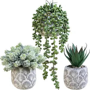 Set of 3 Artificial Potted Succulent  Faux Aloe Hops String of  in Rustic Concrete Planter Small  Desk  for Farmhouse Desk Kitchen Bathroom Shelf Windowsill Greenery Decor