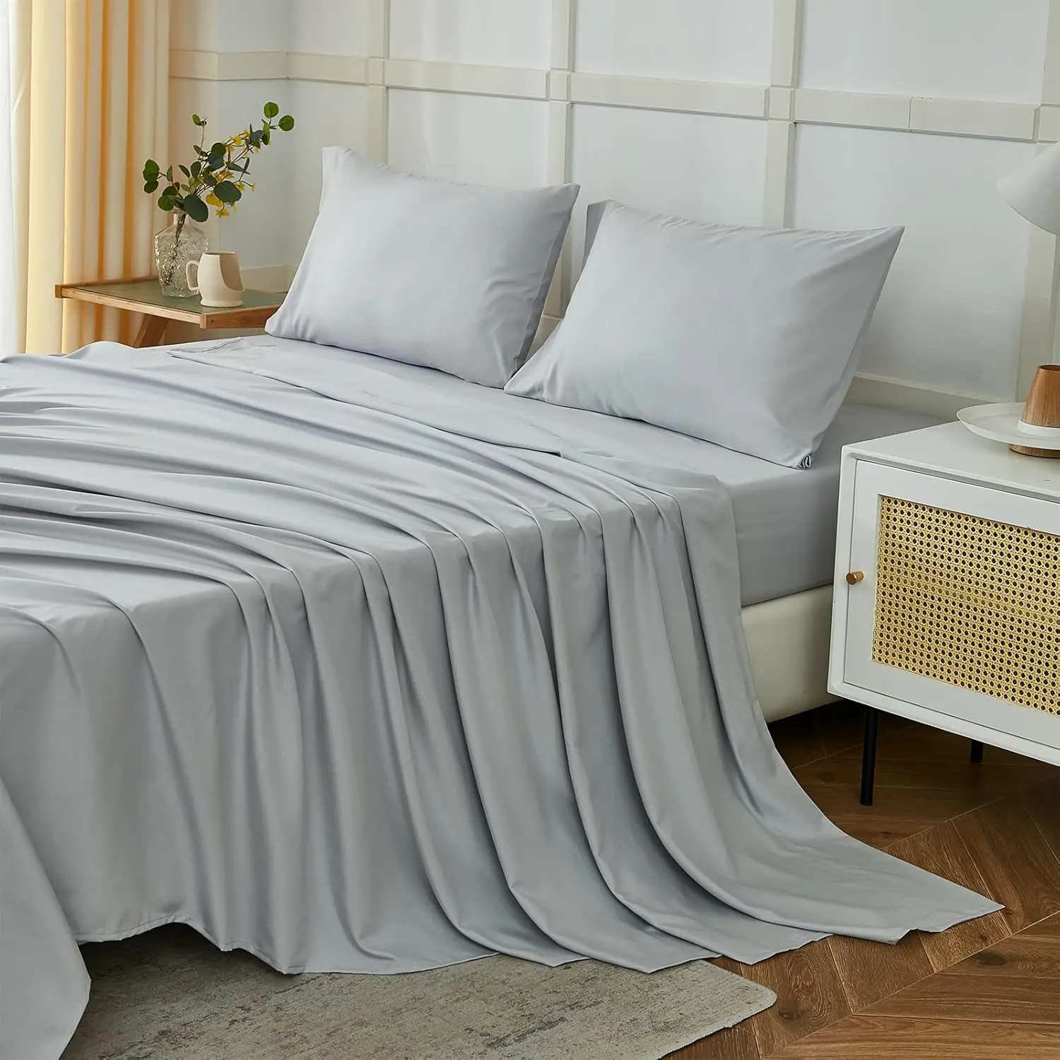 California king sheet sets, Cal King sheets 4, super 1800 series microfiber Cal king bed sheets-wrinkle  fade resistant-14 deep pockets (Cal-King,Light Grey)