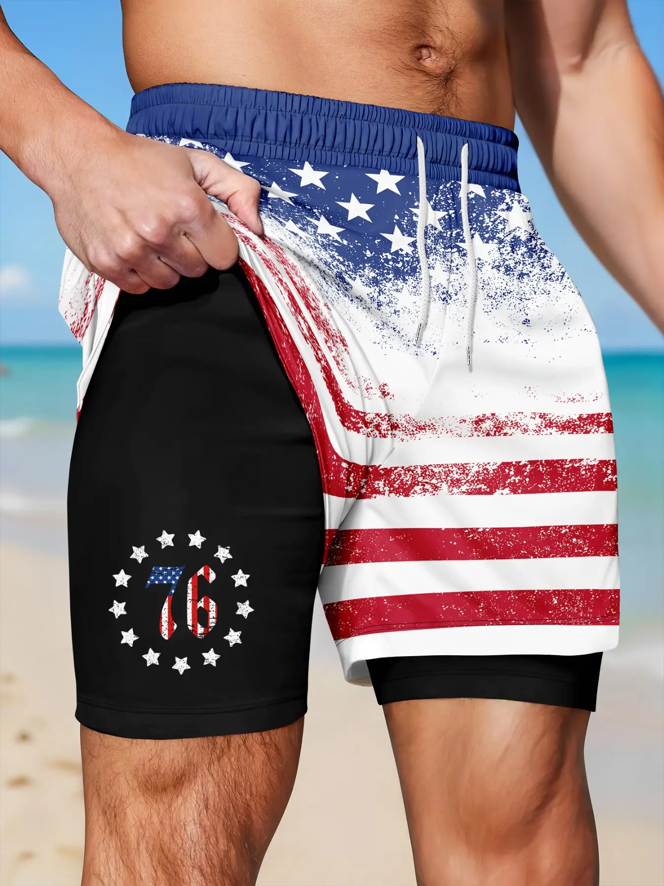 Vintage American Flag All Over Print Drawstring Waist Fitted Distressed Beach Shorts, Printed Trunks, Summer Beach Trunks, Independence Day Vacation Vibes