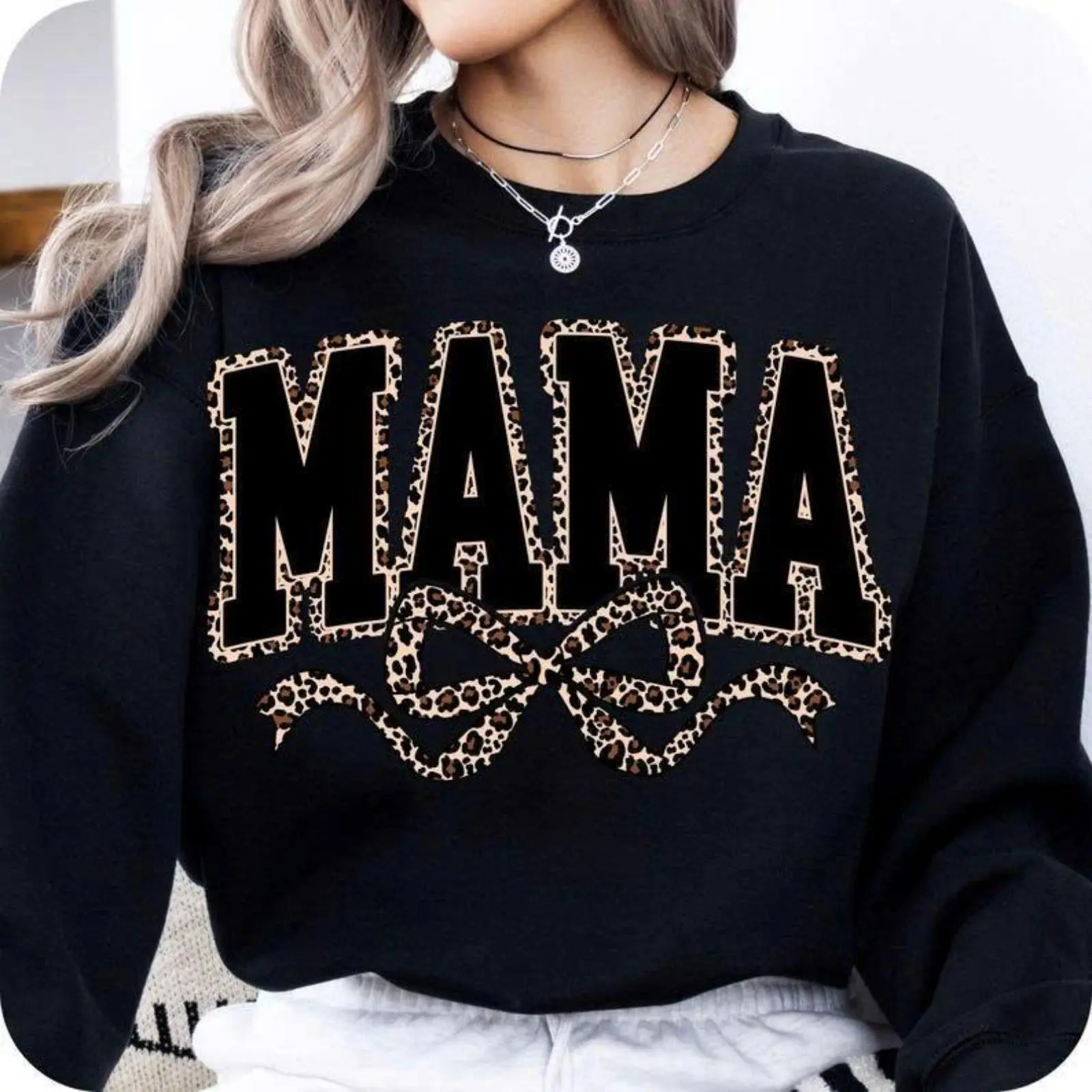 Mama Leopard Coquette Bow Casual Round Neck Pullover, Varsity Sweatshirt for Mother’s Day, Mom Stuff Sports Top, Sporty Sports Tops