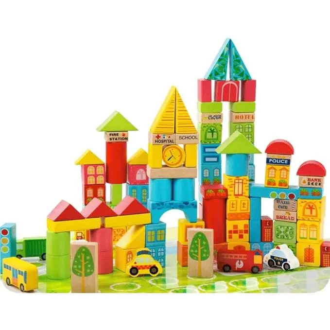 Wooden City & Transportation Colorful Building Blocks for Boys & Girls | Toddler Construction Stacking Toy Set with Storage Container (100 Pieces)