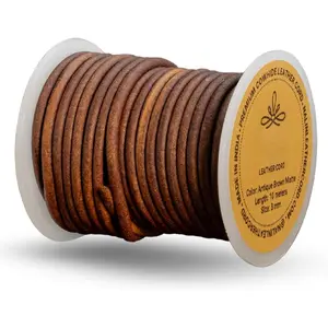 Real/Genuine Round   for  Making,  Strips & Strings for Necklaces, Bracelets, Braiding, Crafts - Matte Finish (Antique/Distressed Brown, 3 mm)