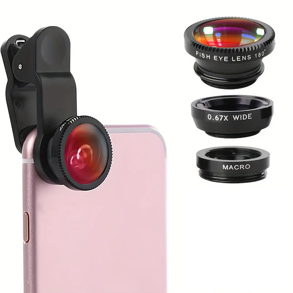 3 in 1 Phone Camera Lens Kit, Mobile Lens, 180 Degree Fisheye Lens & 120 Degree Wide-Angle Lens & Macro Lens, Phone Accessories, Smartphone Camera Accessories for iPhone Samsung Android Photography accessory, Cell Phone Accessories