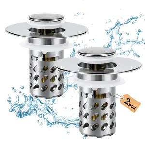 Bathroom Sink Stopper 2 in1, Pop Up Drain Strainer with Removable Stainless Steel Hair Catcher, Brass Core, Chrome Finish, Universal Fit 1.1-2.36 in