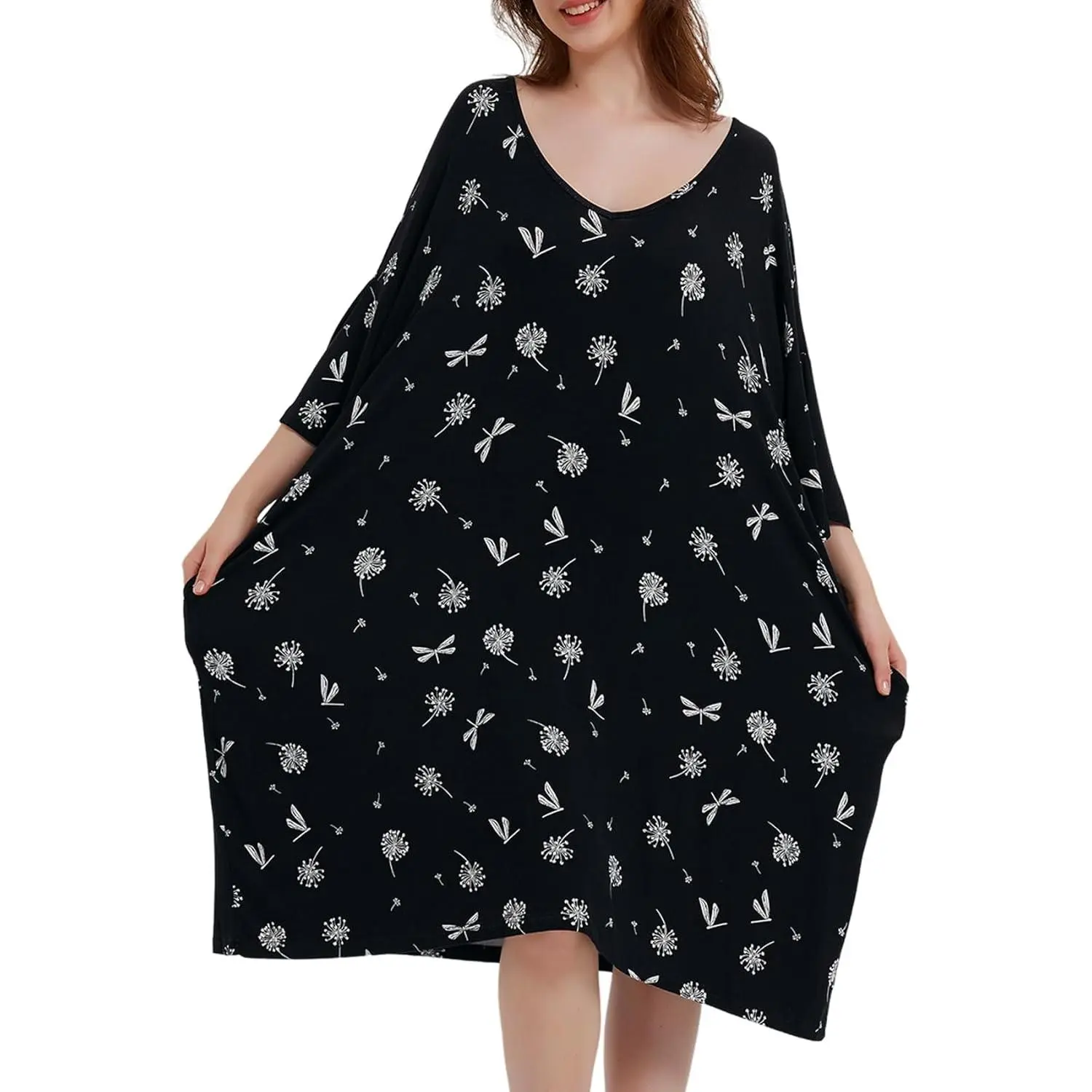 Plus Size T-Shirt Nightdress for Women, Casual Stretchy V-Neck Loungewear with Pockets and Short Sleeves, Clothes, One Piece