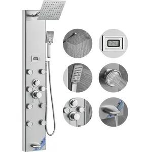 VEVOR Shower Panel System, 5 Shower Modes, Digital Display Shower Panel Tower, Rainfall, 8 Massage Jets, Tub Spout, 3-Setting Handheld Shower Head 59" Hose, Stainless Steel Wall-Mounted Shower Set