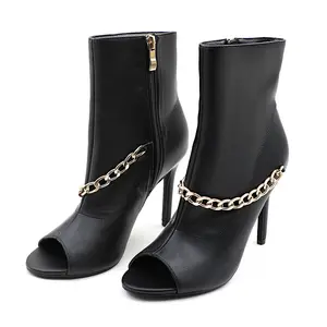 Women's Open Toe Heeled Booties with Gold Chain Detail  Chain Shadow Peep Toe Heeled Ankle Boots
