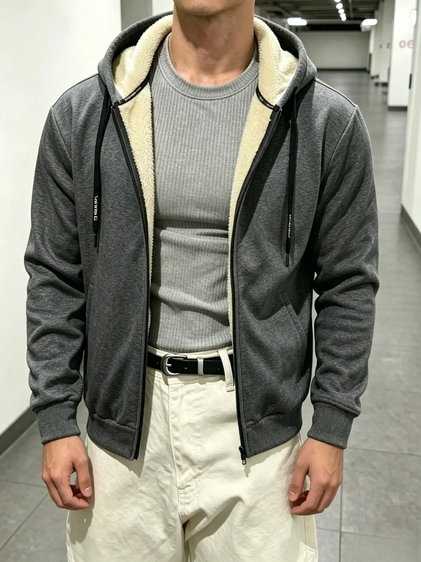Men's fleece hooded zip-up sweatshirt for winter, thick and warm outerwear
