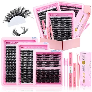 RITALASH 710pcs Lash Clusters Kit with Bond&Seal Eyelash Glue and Brush 3 Styles Clusters Lashes Extension Volume Soft Eyelash Extension Kit 60D+80D D Curl Wispy Natural DIY Individual Lash Clusters Kit Box for Beginners Eyelash Extension Tweezers
