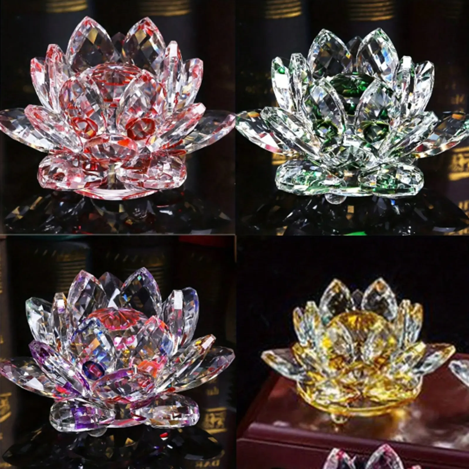 4pcs Glass Lotus Feng Shui Decor Crystal Lotus Flower Figurines Decorative Lotus Flower Ornament, Sun Catcher Ornaments for Home Office Tabletop Centerpieces 2.5inch