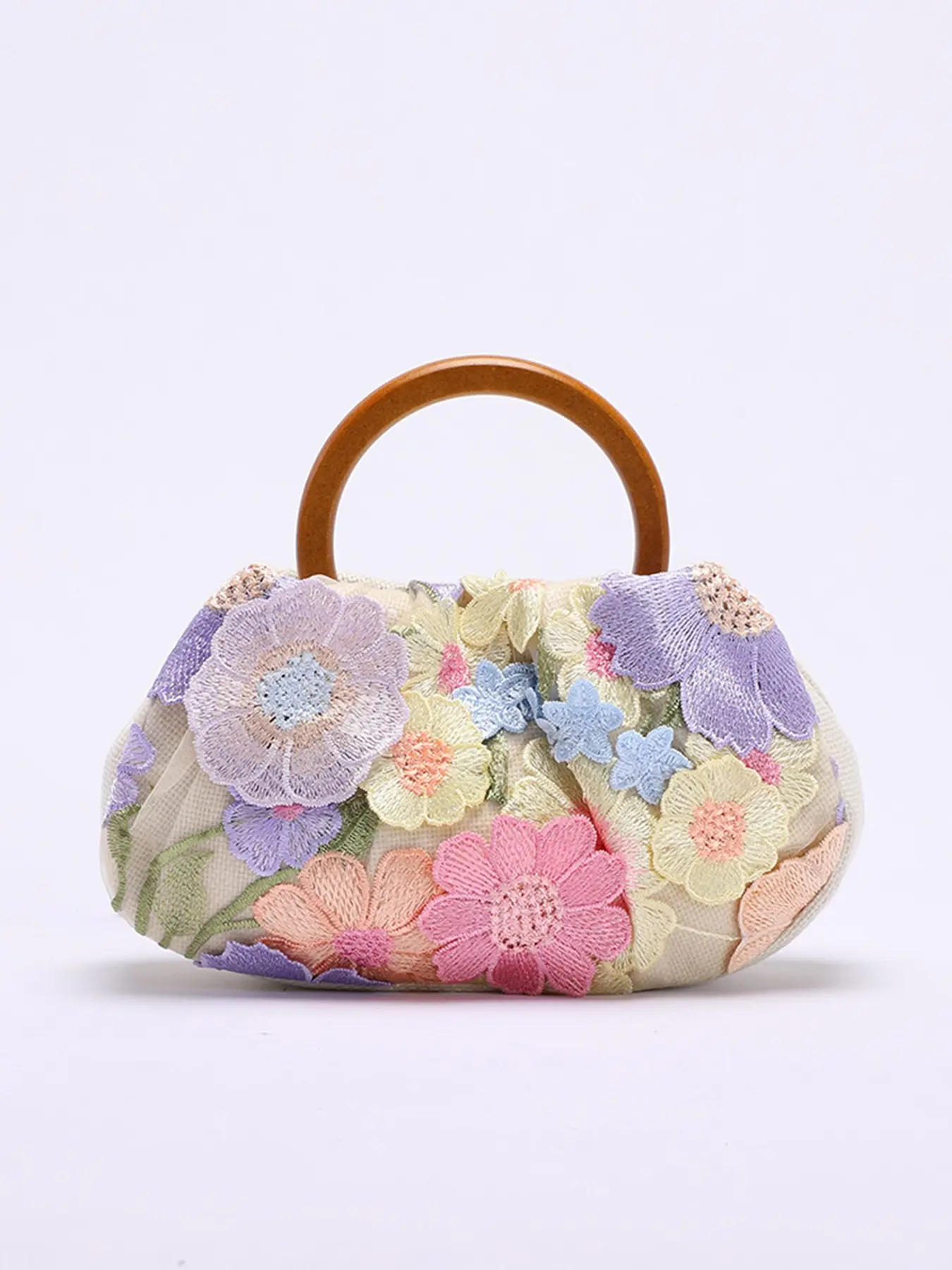 Three dimensional embroidered flower sweet style handbag, Floral embossed handbag, retro elegant, circular handle design, can accommodate mobile phones and headphones, suitable for dating, parties, and socializing, Elegant Bags