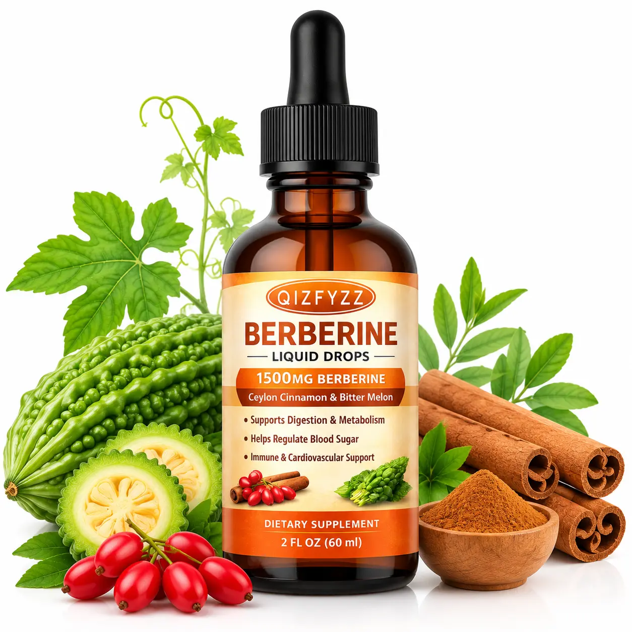 Berberine Liquid Drops 1500MG with Ceylon Cinnamon & Bitter Melon | Herbal Liquid Supplement for Daily Wellness Support | Natural Botanical Blend | 60mL