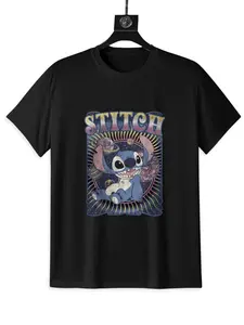 Lilo & Stitch Distressed Groovy Planets Stitch Graphic Cropped T-Shirt for Casual Wear with Retro Vibe and Iconic Character Design - Top