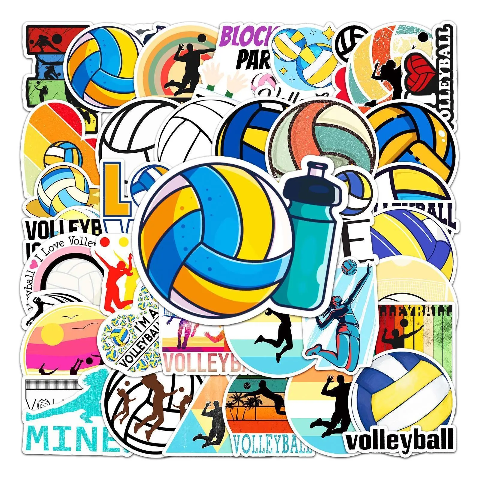 50Pcs Volleyball Series Cartoon Cute Glueless Waterproof Sun-Proof 4-6cm Retro Vinyl Stickers for Skateboarding, Snowboard