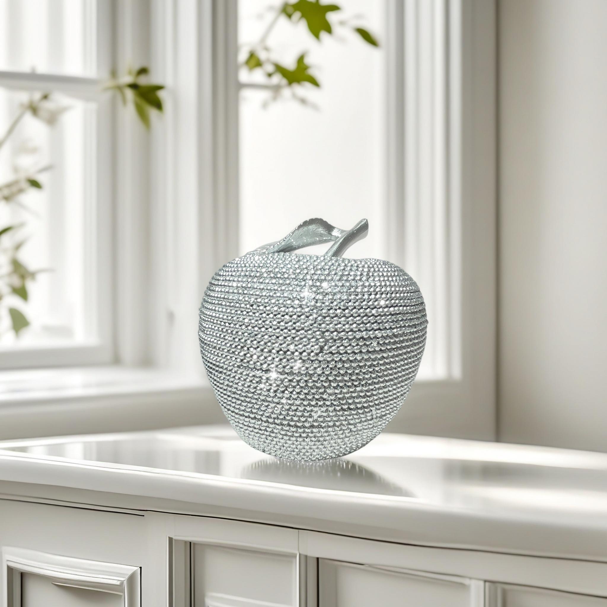 Luxury Silver Beaded Apple Decor | Bling Beaded Fruit Statue for Glam Home Office & Wedding Tabletop