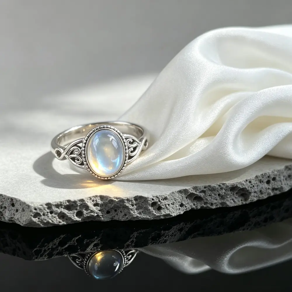 EJG Moonstone Ring for Women, Hypoallergenic Stainless Steel Jewelry, Elegant Aesthetic Accessory for Wedding, Vintage Style Gift for Her Daily Wear, Meaningful Gifts, Everyday Wear, Synthetic, Metal, Inlay, Female, Oval, Jewelry Rings, Beautiful Rings