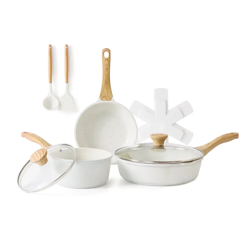 10-Piece Ceramic Pots and Pans Set, White Induction Nonstick Cookware Set, Healthy Kitchen Cooking Sets with Stay-Cool Handles, Stackable