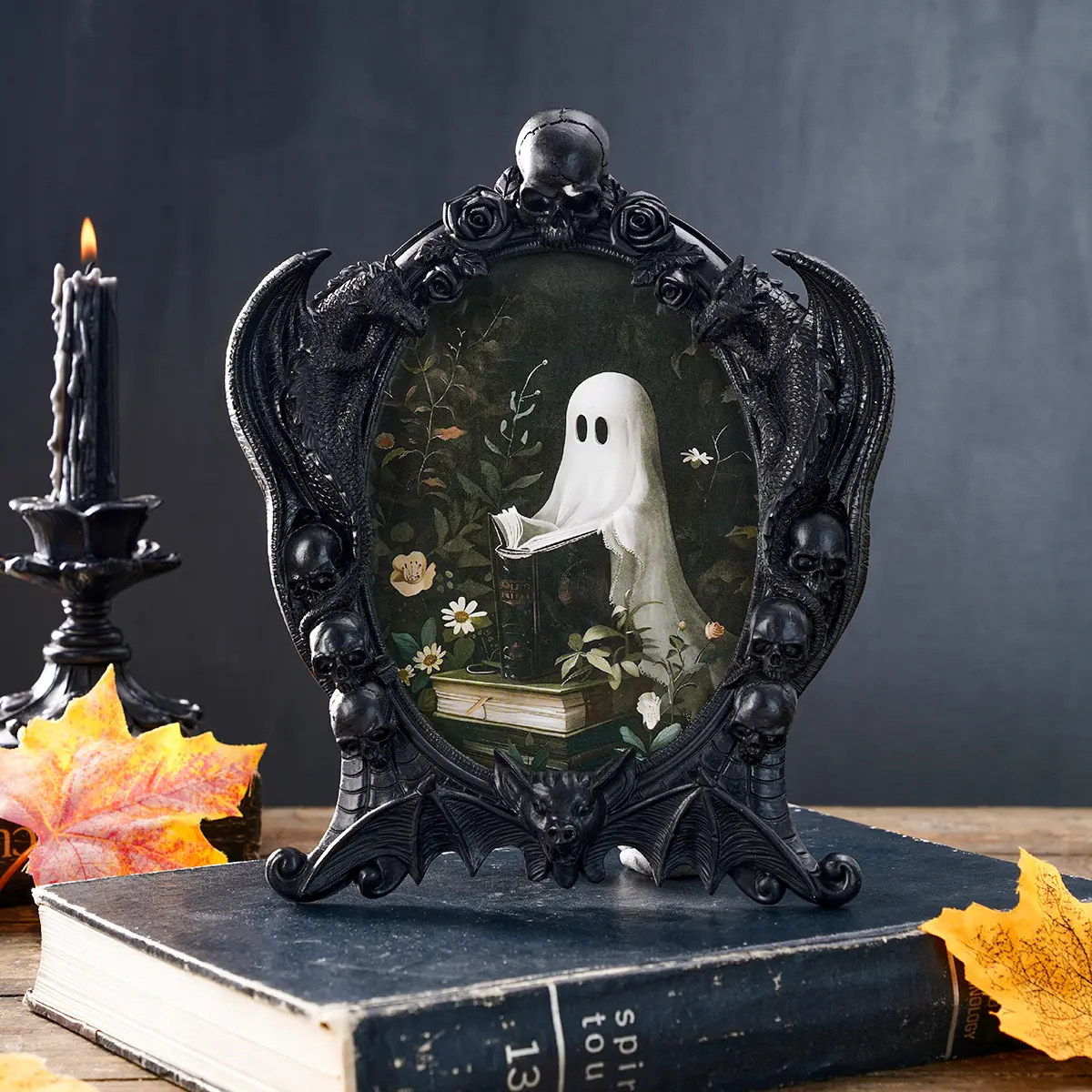 Resin Halloween Decoration Frame, Ghost Reading Design, Home Wall Art for Bedroom Living Room Study, Perfect for Themed Parties & Gifts
