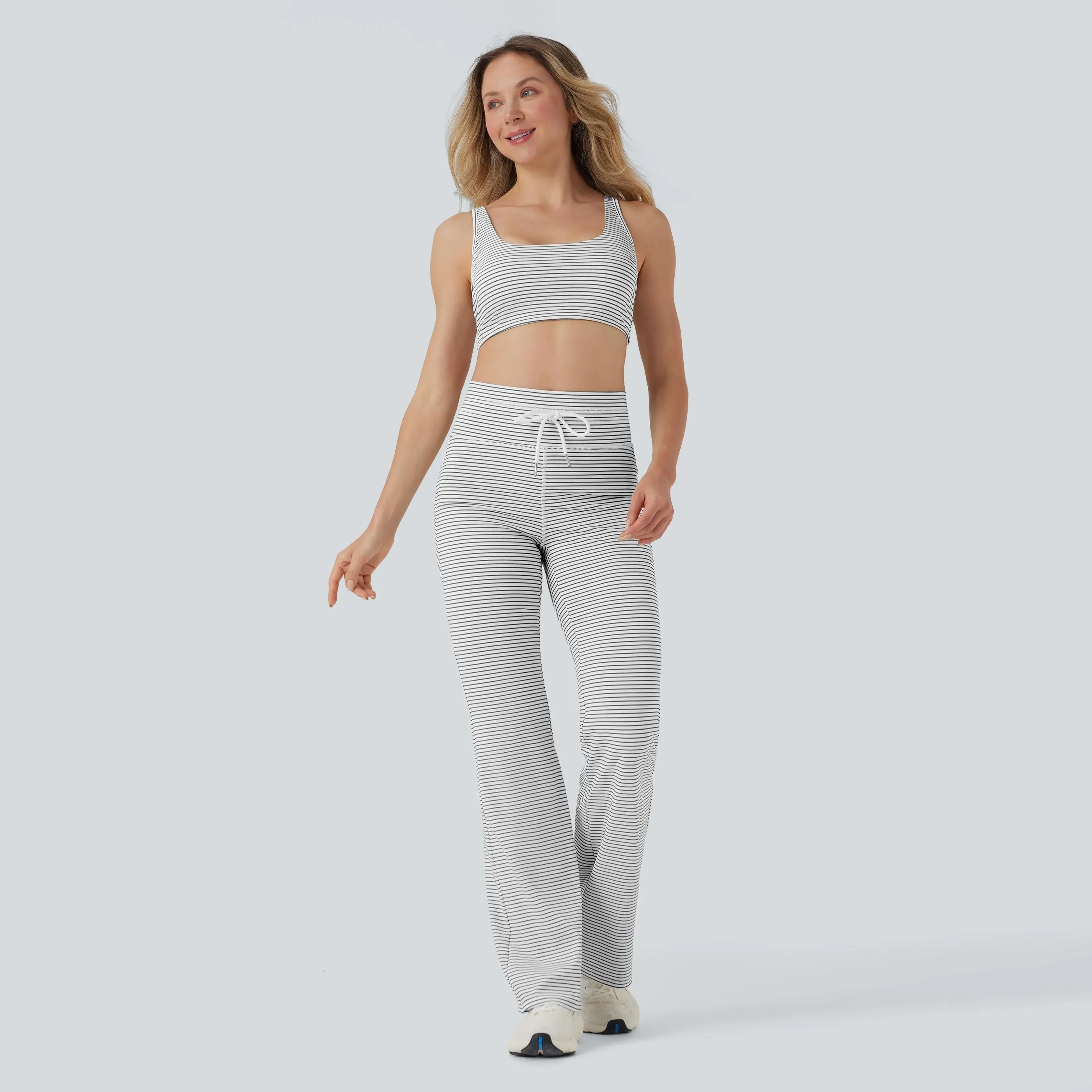 Halara 2-Piece Low Support U Neck Cut Out Stripe Yoga Sports Bra & High Waisted Drawstring Striped Yoga Pants with Pockets Set
