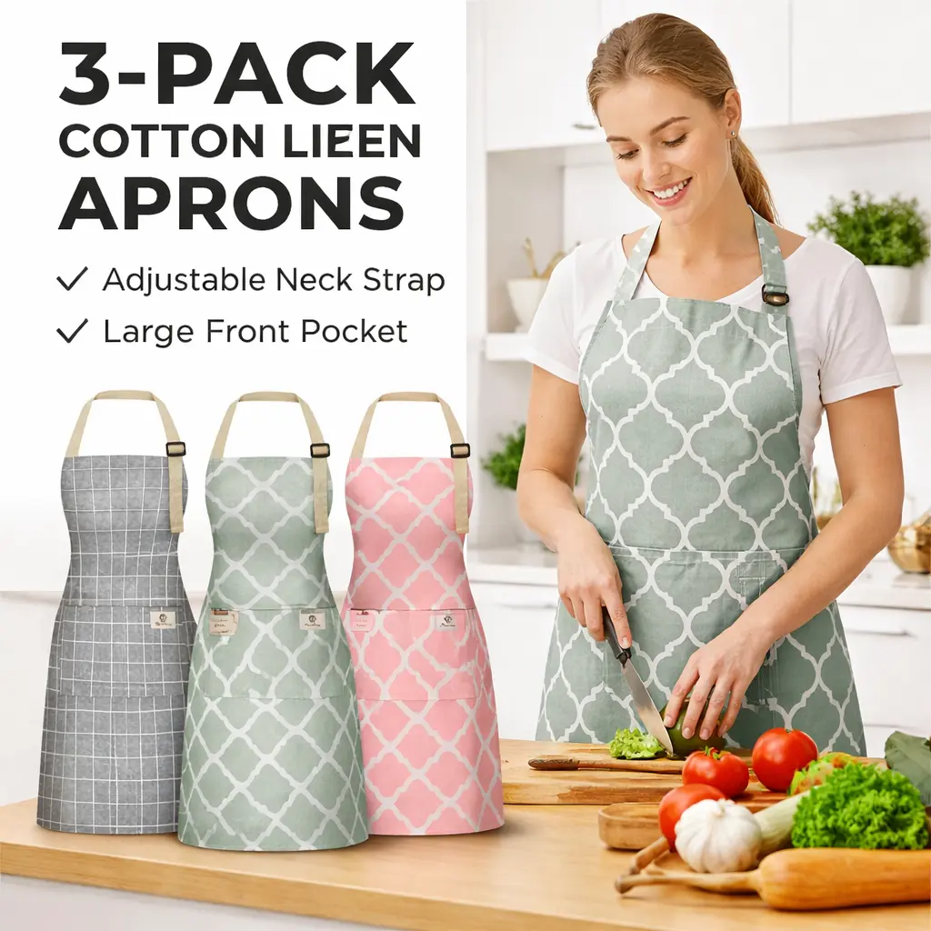 Women's 3-Piece Wash-Safe Cotton Linen Waterproof Aprons with Pockets, Phone-Ready Pocket, Adjustable Neck Strap, Long Ties, One Size for Kitchen Cooking, Baking