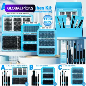1190/540/350pcs Lash Clusters Kit, D Curl 10 Styles Mixed 10-18 mm Spikes/Natural/Volume with Bond & Seal, Lash Remover, Lash Brush, Lash Applicator, Lash Shampoo Brush and Eyelash Extension Tweezers, for Beginners and Pros, DIY at Home