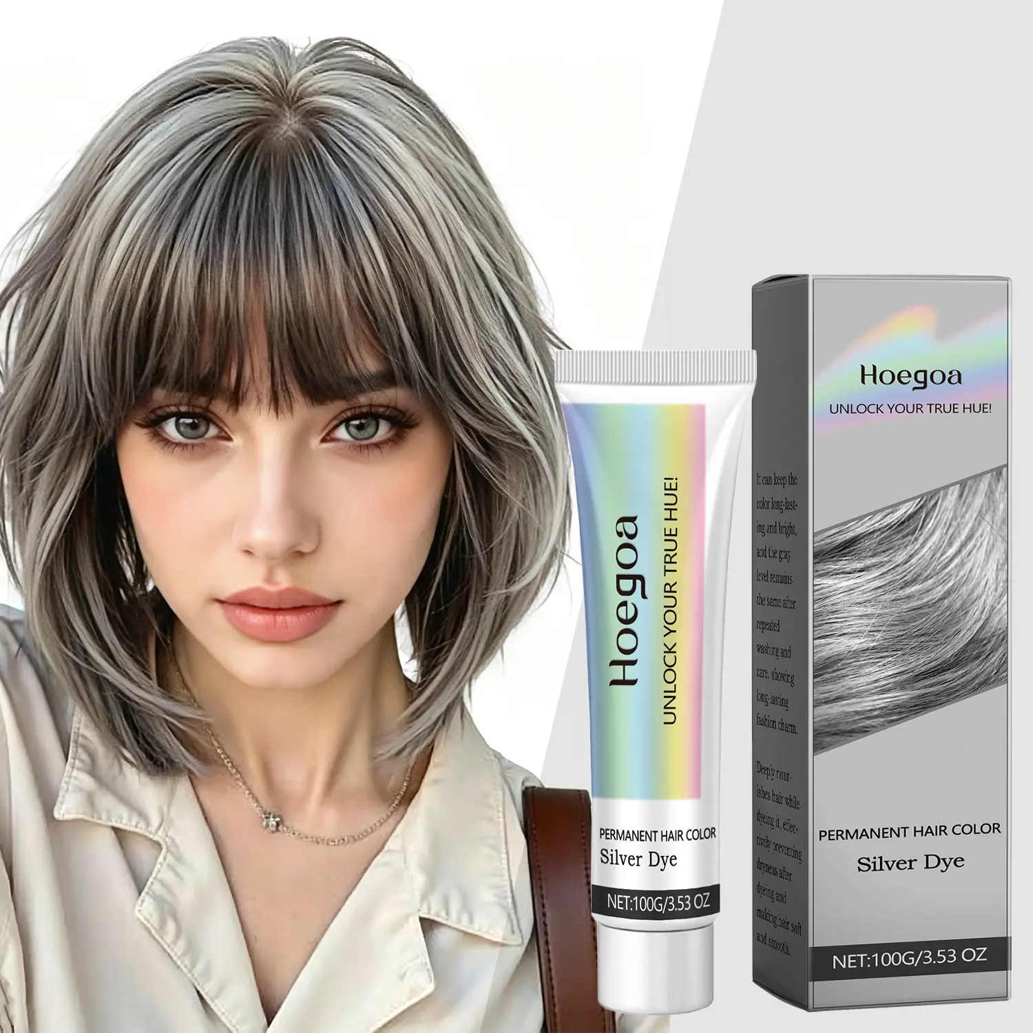 Silver Hair Dye, Natural Gray Hair Color Cream, Professional Hair Coloring Treatment, Instant Silver Gray, Silver Hair Color for for All Hair Types, 1pcs