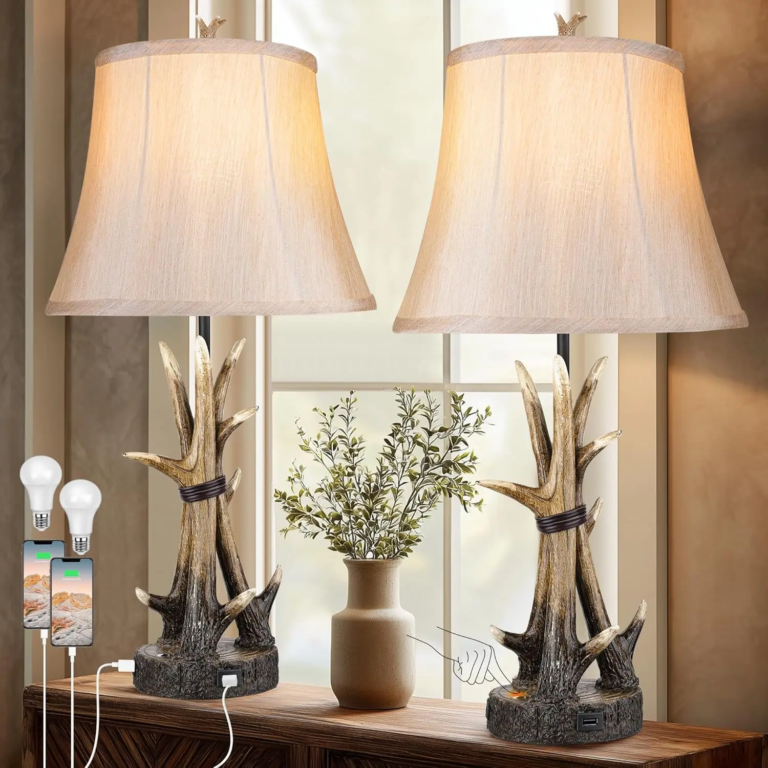 Rustic Table Lamps for Living Room Set of 2, Farmhouse Antler Western Bedside Lamp for Bedroom with 2 USB Charging Port, 3-Way Dimmable Resin Nightstand Lamps with Shade Decor, LED Bulbs Included