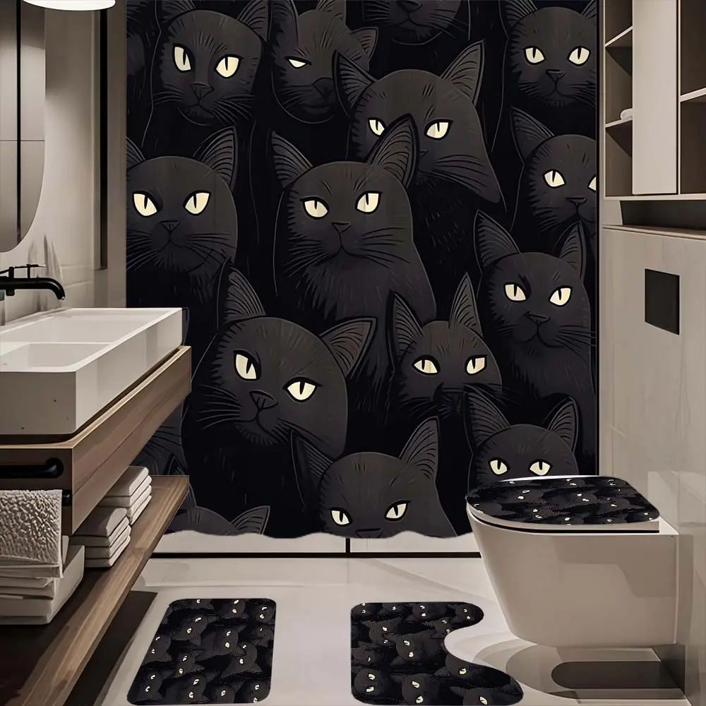 4pc black cat pattern bathroom set in the dark, The 4-piece set includes a single shower curtain, anti slip floor mat, toilet U-shaped mat, toilet lid mat, with shower curtain hook, and belongs to bathroom decoration products