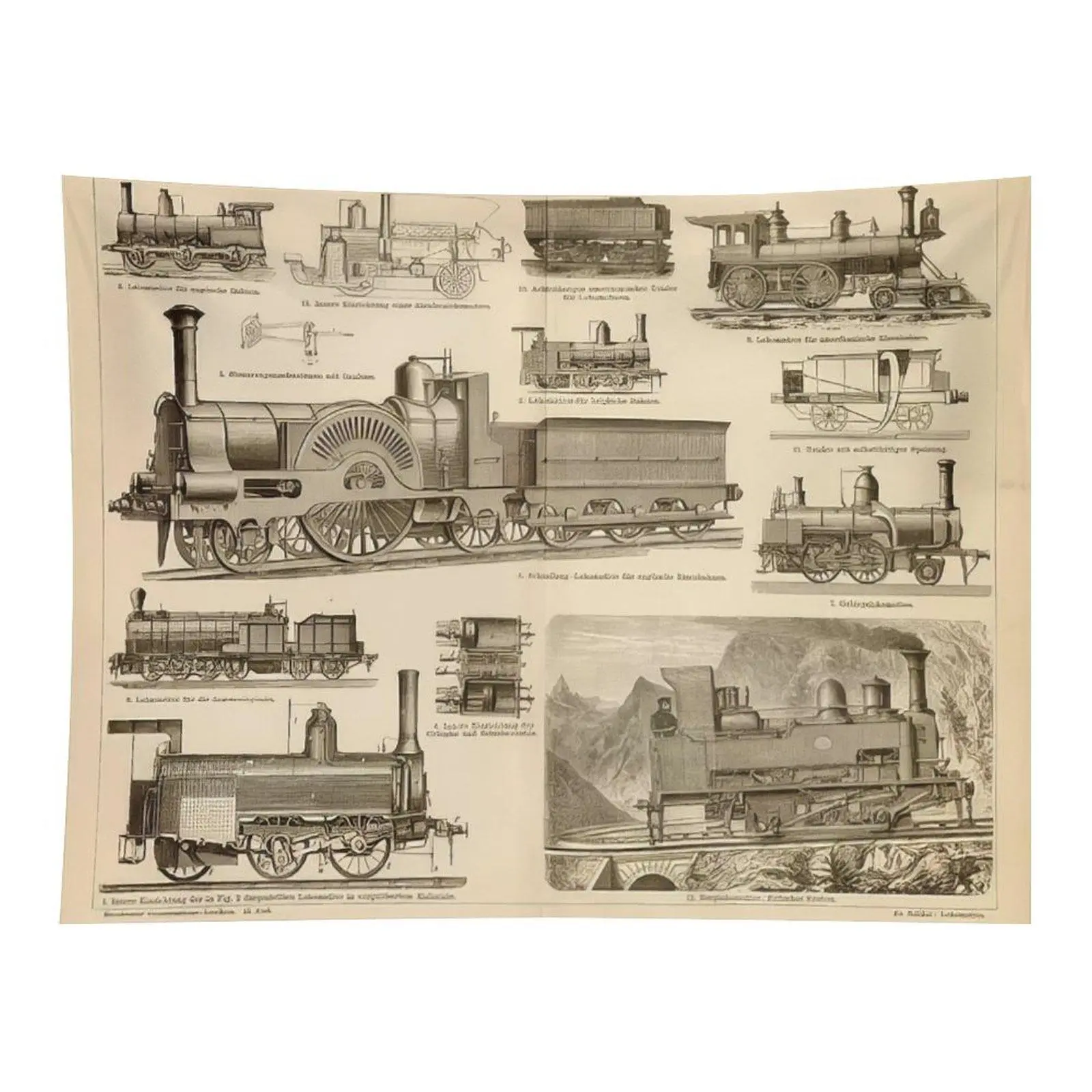Vintage Steam Locomotive Train Blueprint Wall Tapestry, Retro Railway Engine Sketch Art for Industrial Style Study Room, Indoors Home Wall Hanging Decor