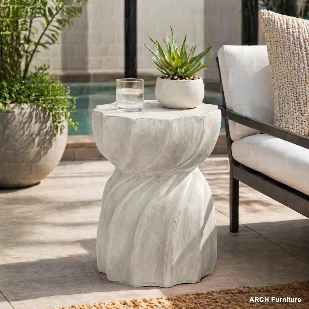 ARCH Modern Indoor-Outdoor Side Table - Christopher Knight Home Outdoor Living Furniture, Magnesium Oxide Construction, Concrete Base, Hourglass Form, Lightweight, Weatherproof Sunburst Top, Indoor-Outdoor Side Tables
