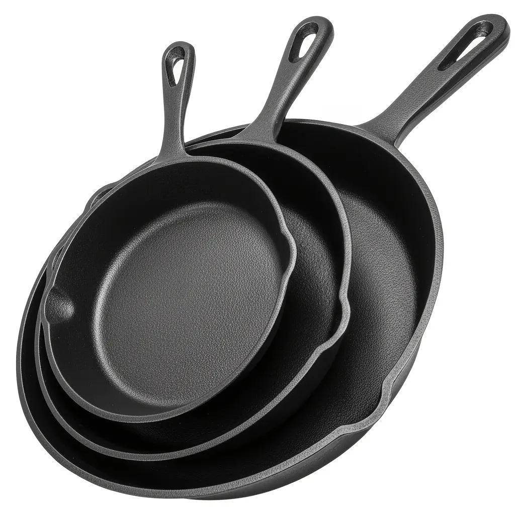 PACILACK Premium 3-Piece Cast Iron Round Frying Pan Set - Non-Stick Cookware with Handle, Drip Spout, Ideal for Holiday Cooking, RV Use, Round Pan