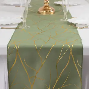 Polyester Table Runner 9ft Dusty Sage Green with Gold Foil Tree Branch Pattern - Stylish Table Decor