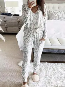 Women's Leopard Print Loungewear Set, Casual V Neck Tee & Drawstring Waist Pants Lounge Set, Comfortable Sleepwear Co-ord Set for Spring & Fall