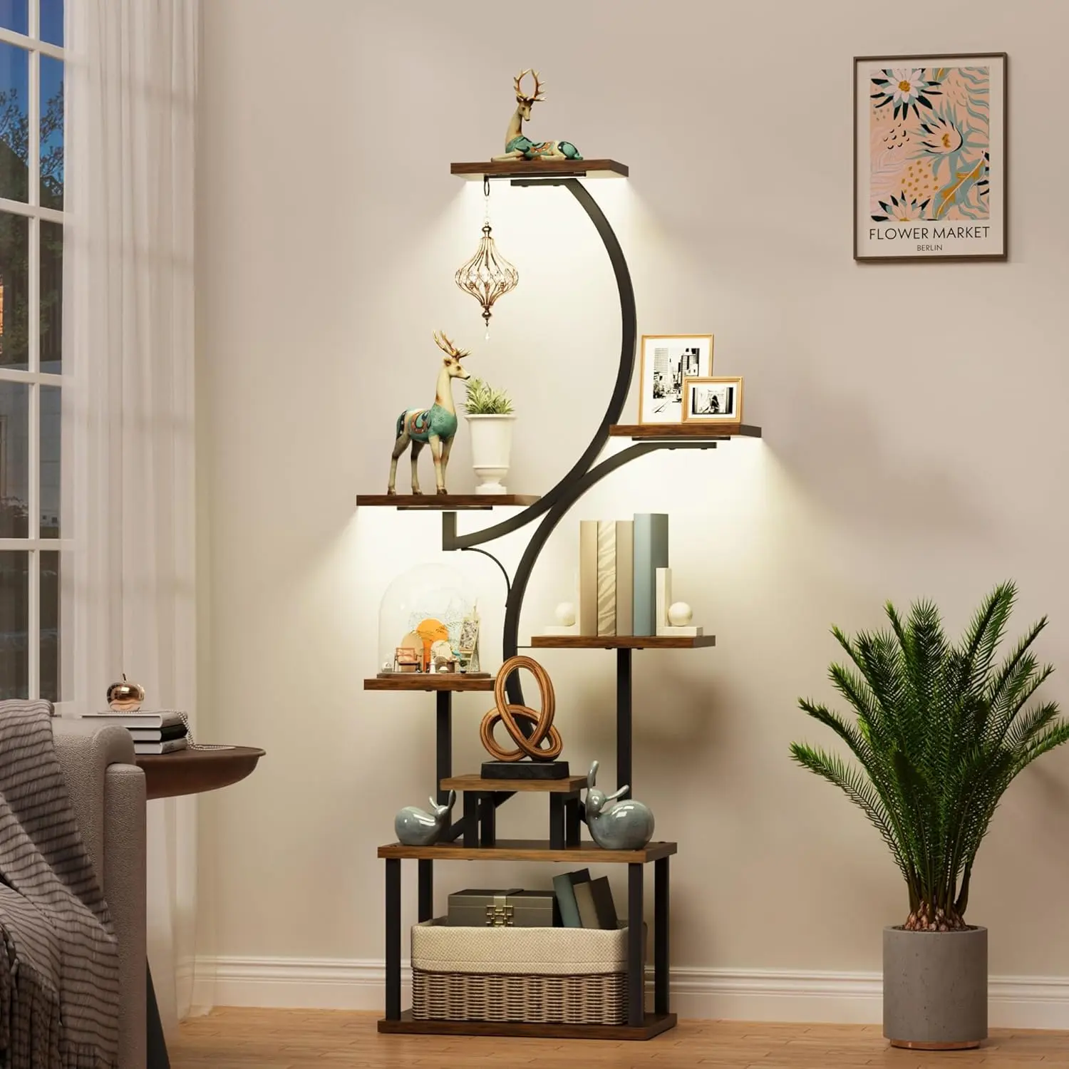 Bookshelf with Lights - 62" Unique Tall Bookshelves, 8 Tier Lighted Book Shelf for Collectibles, Modern Narrow Display Shelf, S-Shaped ladder Book Stands for Bedroom Living Room, Rustic Brown