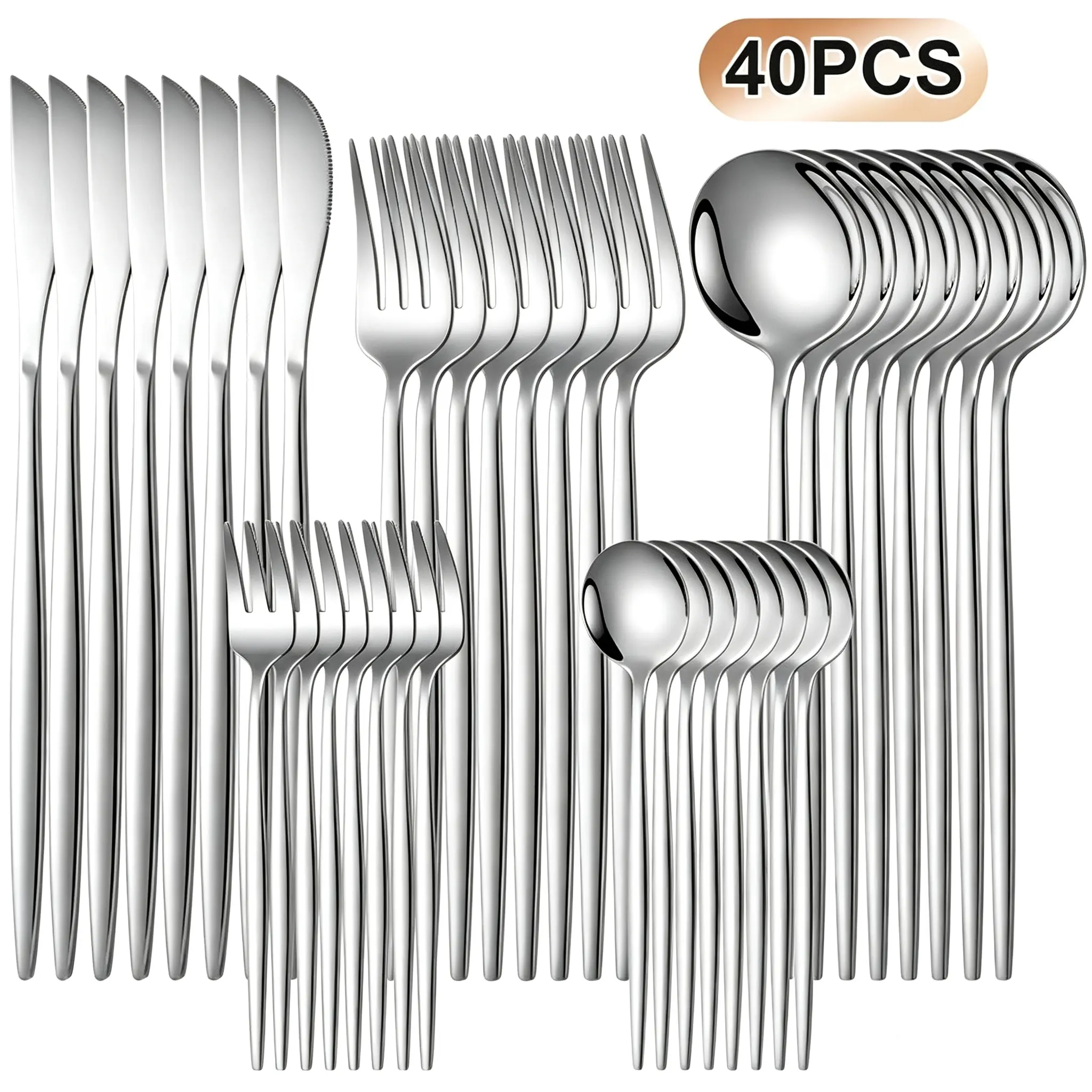 40-Piece Stainless Steel Tableware Set - No Gift Box Included, Mirror-Polished Cutlery (Knives, Forks, Spoons, Teaspoons, Dessert Forks) with Rounded Curves, Party-Ready, Durable, Stylish, Modern, Dishwasher-Safe Kitchenware