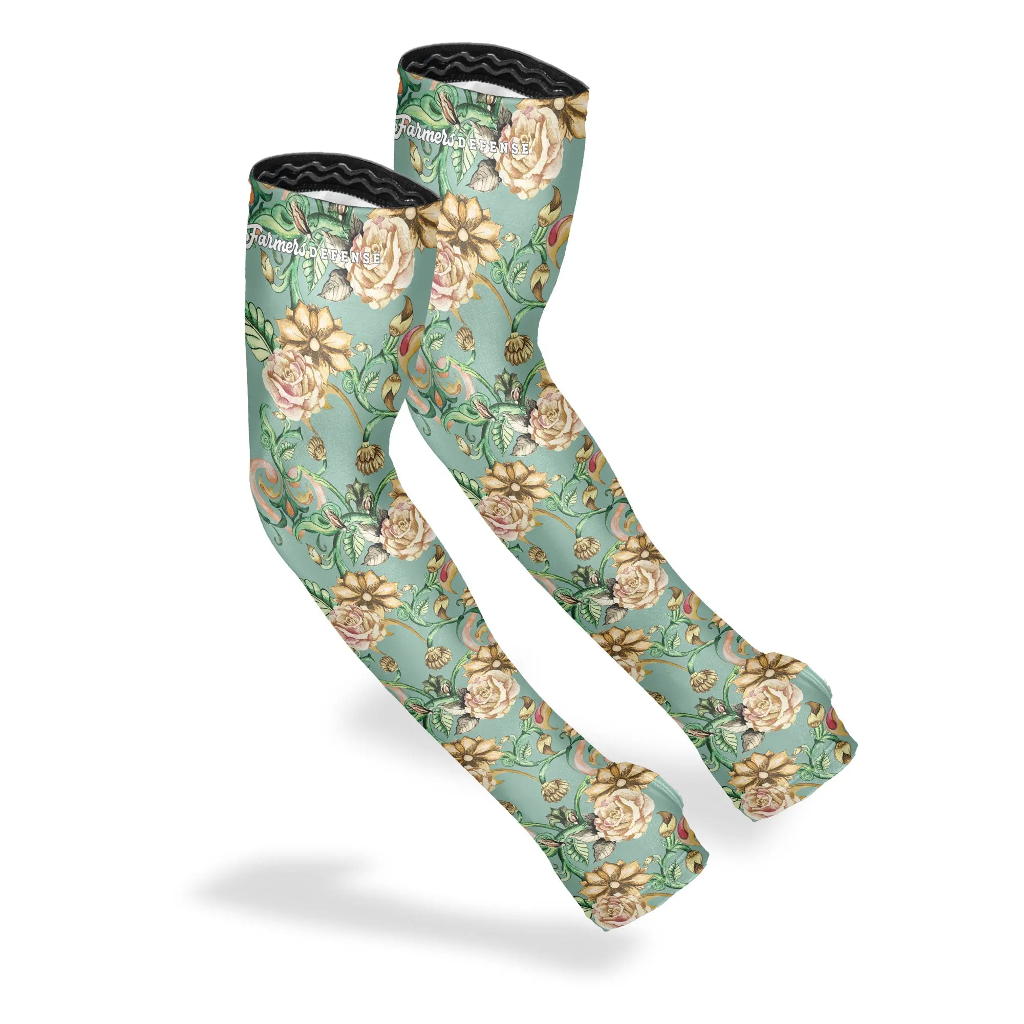 FARMER'S DEFENSE Gardening Arm Sleeves | UV Cooling Protective Sleeve Women & Men | Anti-Scratch Cover Sun UPF Outdoor Protection - Antique Bloom - Green