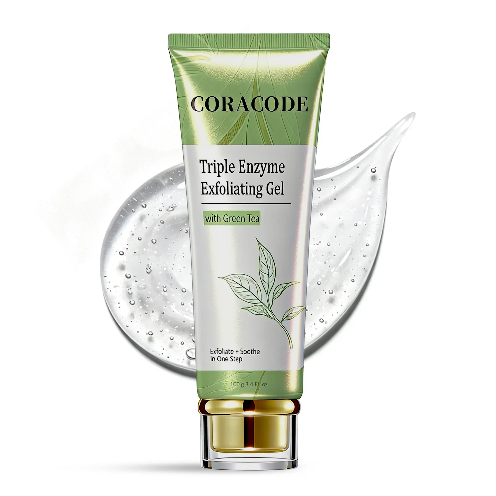 CORACODE Triple Enzyme Green Tea Hydrating Gentle Cleansing Aqua Peeling Gel - Soothing Face Scrubs & Peels with AHA/BHA, Hyaluronic Acid, Natural Cellulose, Deep Pore Cleansing, Dead Skin & Oil Removal for Smoother Skin, 100ml/3.4 fl.oz, Lightweight, Cle