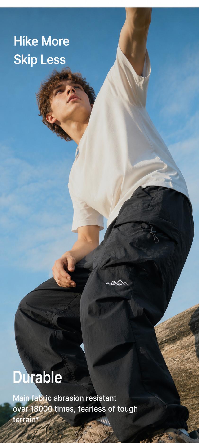 Unisex Baggy Cargo Parachute Pants, Lightweight Water-Resistant Outdoor Hiking Trousers, Loose-Fit Gorpcore Streetwear Pants for Men & Women Casual Elastic Waist Black