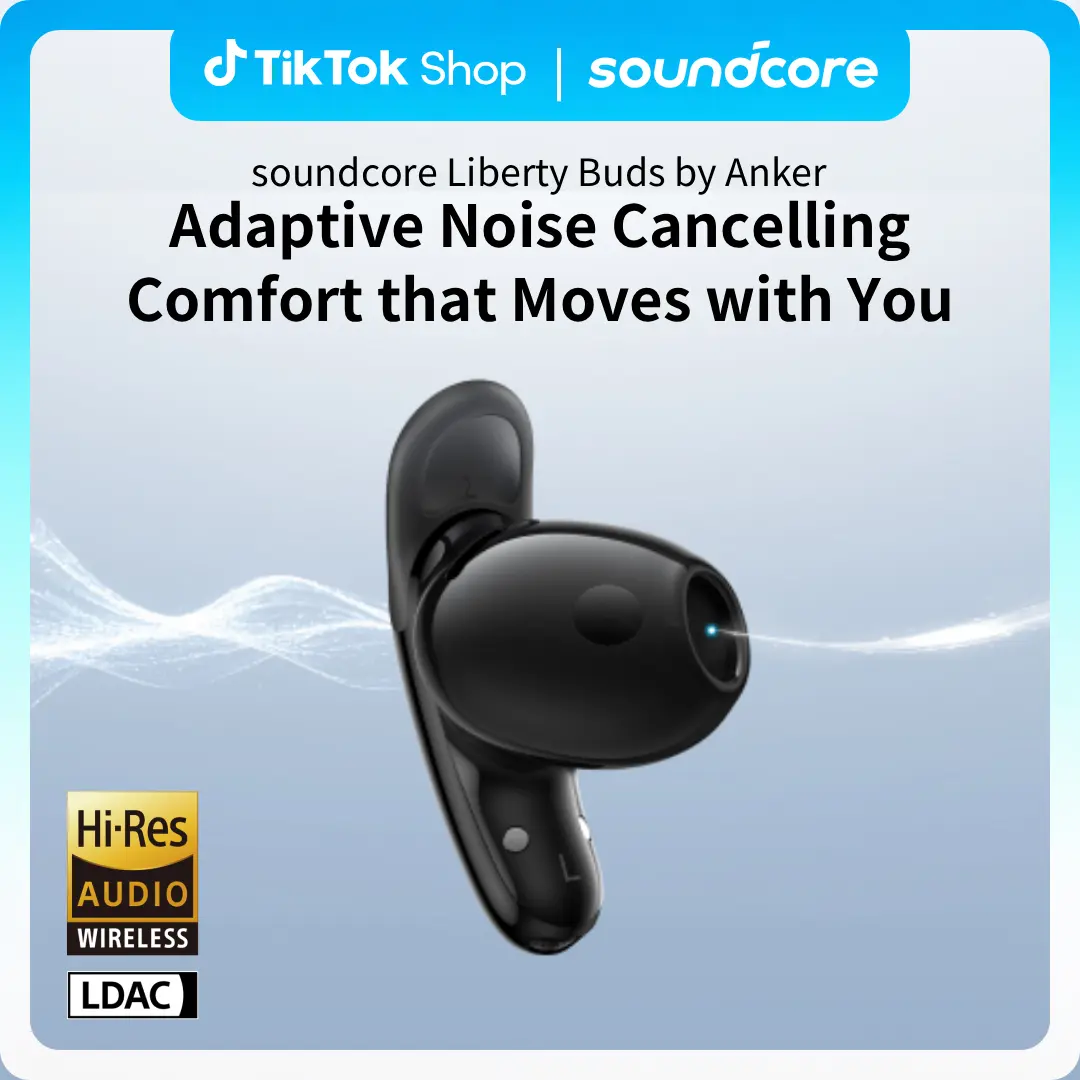 Soundcore by Anker Liberty Buds, Semi-in-Ear Earbuds, with Real-Time Adaptive ANC, Spatial Auido, 30H Playtime, Fast Charging, Wireless Bluetooth Headphones